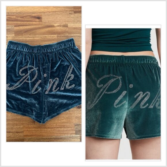 Victoria’s Secret PINK Rhinestone Green Velvet Velour Booty Boxer Shorts Size XS - Picture 1 of 12